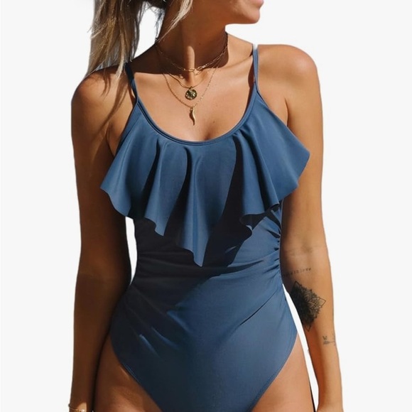 CUPSHE Dark Blue Ruffle Scoop Neck Tummy Control Slimming Swimsuit Cheeky Size S - Picture 3 of 12